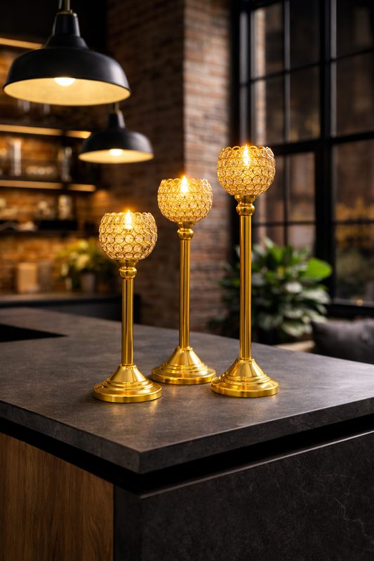Royal Aura Crystal Globe Candle Stand Set (Set of 3)