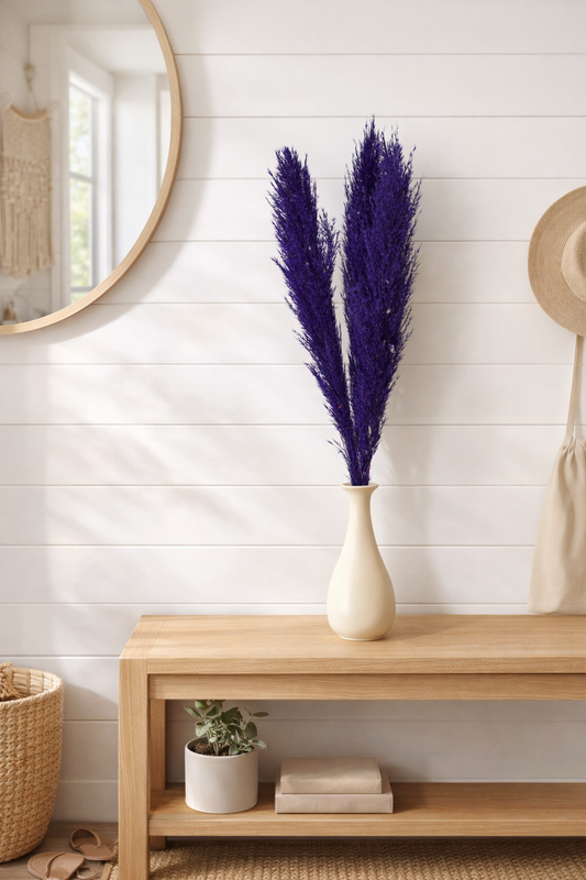 Violet Pampas in Ivory Curved Vase