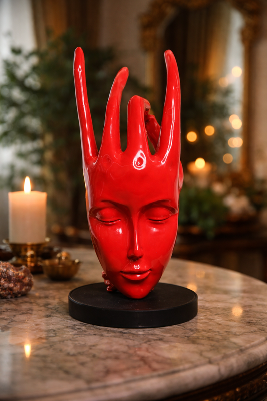 Regal Red Crowned Mudra Zen Face Sculpture (1.4 Ft Approx)