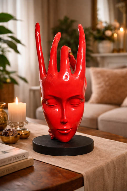 Regal Red Crowned Mudra Zen Face Sculpture (1.4 Ft Approx)