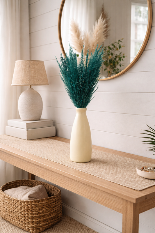 Teal Pampas Grass in Ivory Slim Vase