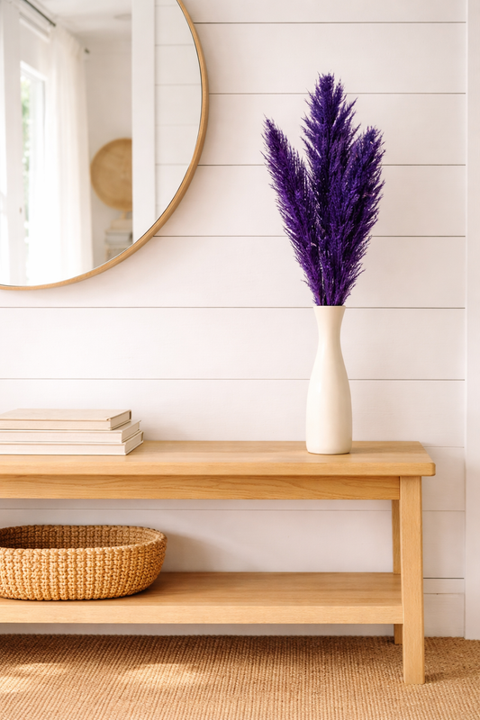 Violet Pampas in Ivory Slim Vase