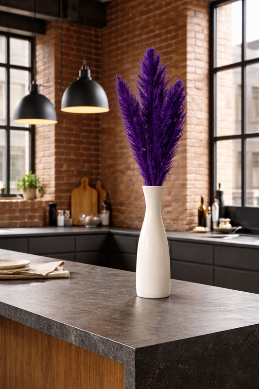 Violet Pampas in Ivory Slim Vase
