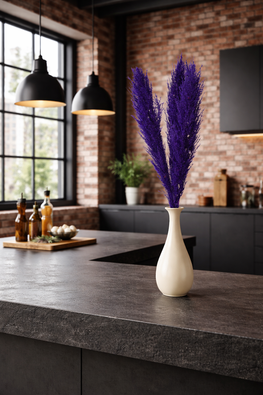 Violet Pampas in Ivory Curved Vase