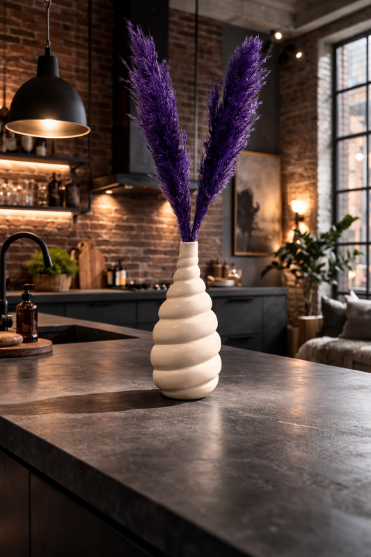 Spiral Ivory Mini Vase with Violet Pampas