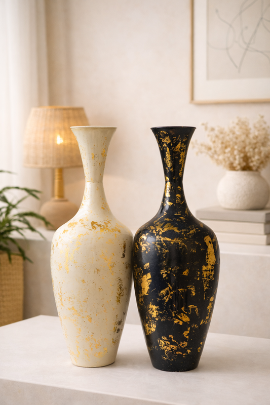 Ivory Gold & Black Textured Aluminum Floor Vase - Set of 2 (White, Black)